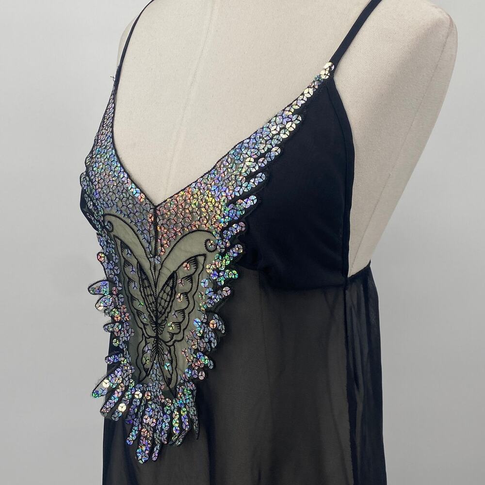 Vintage Y2k Iridescent Sequin Butterfly Nightgown Sheer Maxi Black Womens 2/4 - Picture 7 of 12